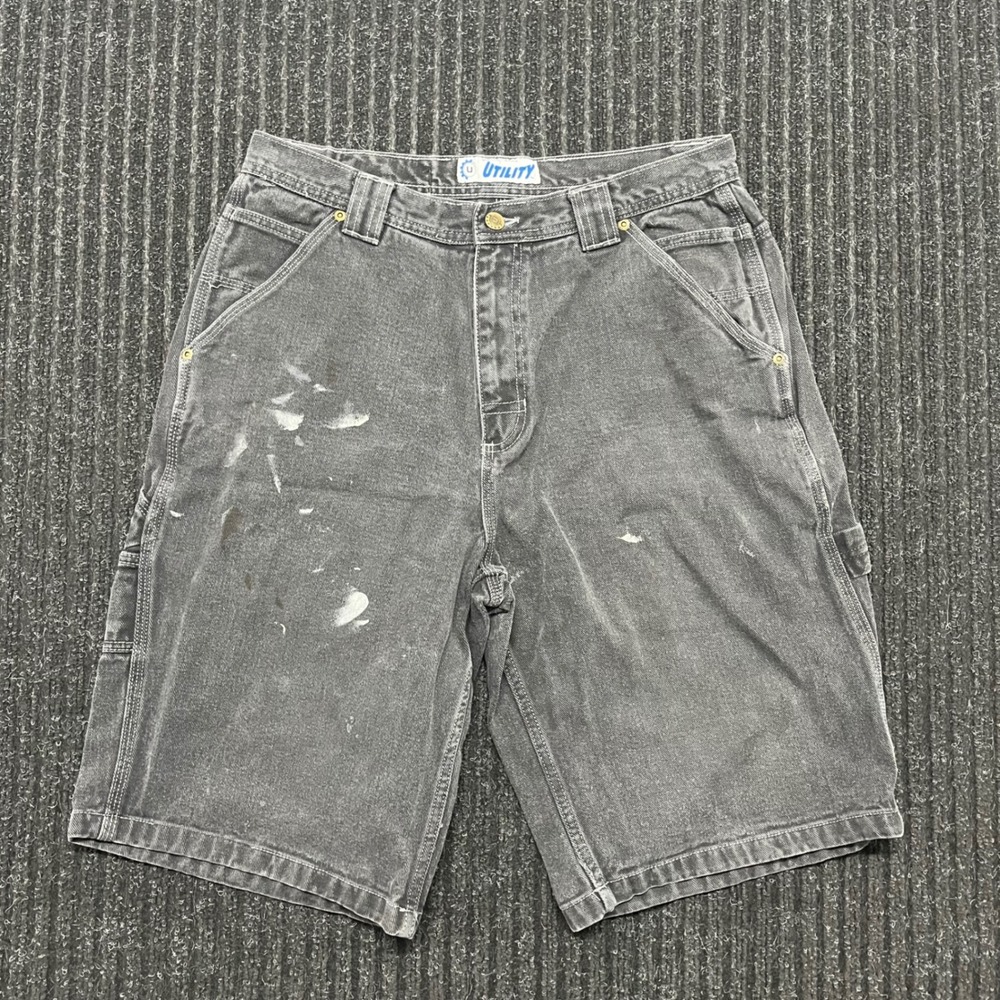 Utility Carpenter Shorts Mens 34 Faded Black Denim Paint Splatter Workwear y2k